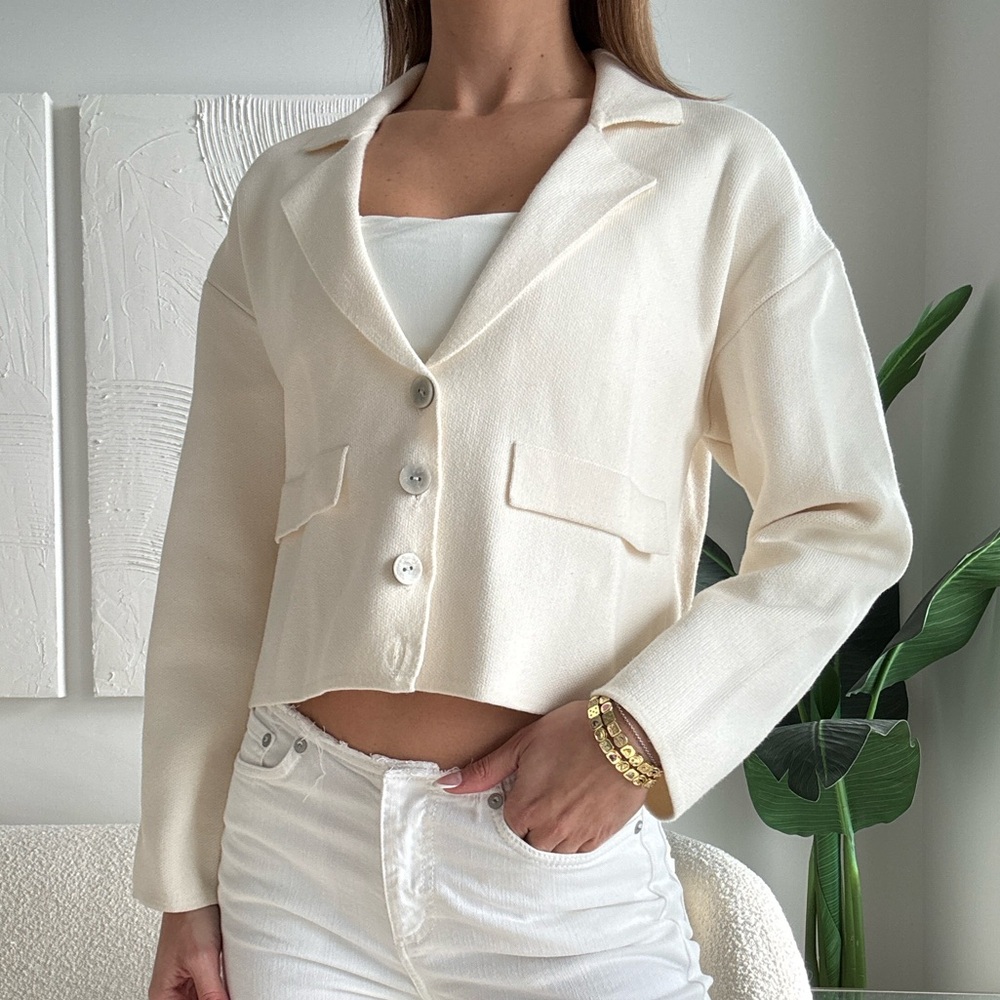 Zara Cream Cropped Button Cardigan Blazer